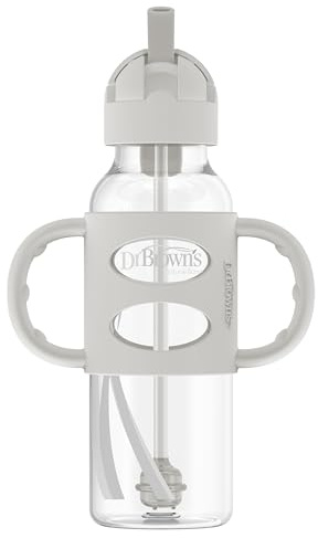Dr. Brown's Milestones - Gourde fine anti-fuite avec poignées 100% silicone et paille lestée - 250 ml - Gris - À partir de 6 mois