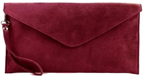 LeahWard Genuine Italian Suede Leather Envelope Clutch Bags Wrist Strap and Chain Strap Included Party Wedding Purse Handbag Cross Body Bag (D.WINE Suede)