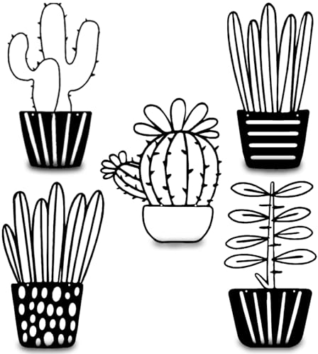 Resama 5 piezas de cactus con temática natural, arte moderno de metal para pared, decoración de pared de color negro, decoración de pared simple con suculentas en maceta, arte de pared para oficina,