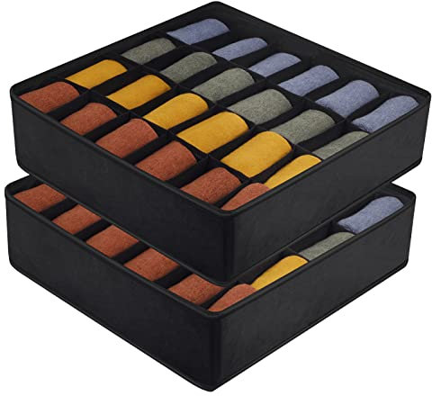 Yorgewd Drawer Organisers - 2 Pack, Foldable Dividers Wardrobe Closet Storage Box for Socks, Ties, Underwear (Black)