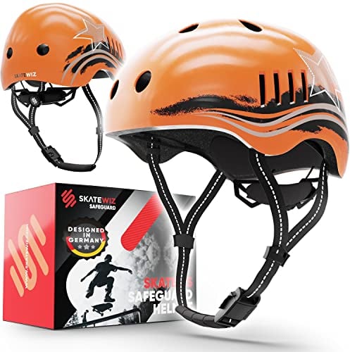 SKATEWIZ Kinder Fahrradhelm Mädchen - Fahrradhelm Kinder Jungen, Fahrradhelm Kinder - Skaterhelm Kinder, Fahrrad Helm Kind, Kinderhelm - Helm Kinder, Helm Fahrrad - Größe M Orange