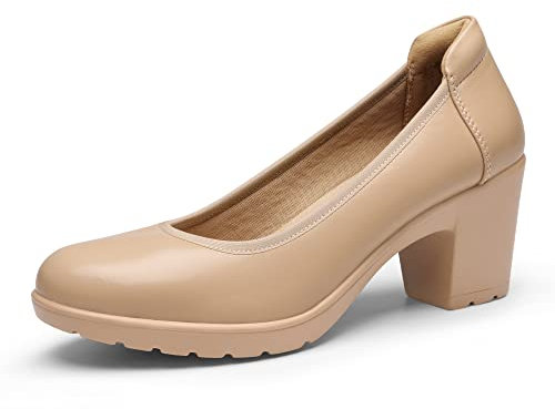 DREAM PAIRS Womens Edena Chunky Closed Toe Low Block Heels Work Pumps Comfortable Round Toe Dress Wedding Shoes SDPU2230W,Size 5.5,Nude,SDPU2230W