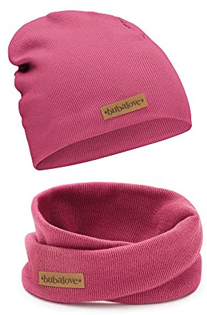 Bubalove Mützen und Schals für Jungen, Mädchen, Babys, Größen 1 Jahr bis 8 Jahre+ viele Farben, Baumwolle Kinderset Mütze und Schornstein, Baumwollmützen, (dunkelrosa, 4-8 Jahre (46-52 cm))