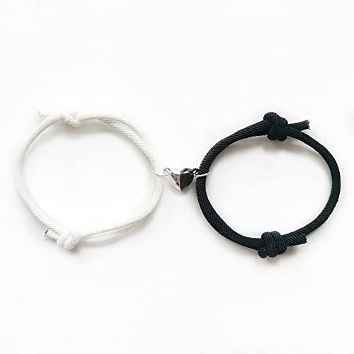 Carufin Bracelets à boucle magnétique en forme de cœur noir et blanc Corde milanaise tressée Couples Copines Bracelet Bijoux réglables pour femmes et hommes (Noir et blanc)