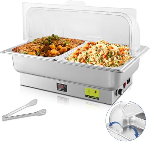 THXSUN 700W Electric Chafing Dish, 2 x 4.5QT Half Size Chafing Dish Buffet Set with Rotary Knob to Adjust Temp 0°C~100°C, Buffet Servers and Warmers with Roll Top & Temp Display for Catering Party