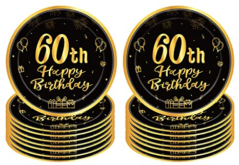 60th Birthday Paper Plates 9”Black and Gold Paper Plates,16Pcs Disposable Tableware Party Plates,Happy 60th Birthday Decorations Plates for Boys,Girls,Him,Her 60thBirthday Party Supplies Table Decor