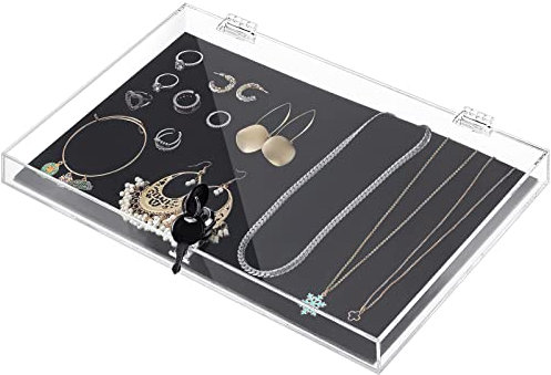 Acrylic Locking Security Showcase Rectangular Locking Box Clear Display Case Safe Box Jewelry Display Tray with Lock Key and Black Padding for Jewelry Collector Watches Knives