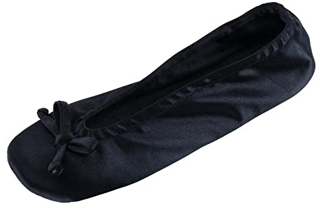 CTM Women's Satin Ballerina Slipper House Shoe, Large (8.5-9), Black