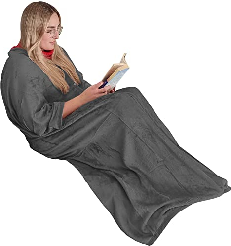 DILUMA Kuscheldecke mit Ärmeln 150x170 cm Uni Anthrazit - Ärmeldecke mit Reißverschluss für Erwachsene & Kinder - TV Decke mit Ärmeln - ÖkoTex100, Kuschelweich, Wärmend, Atmungsaktiv