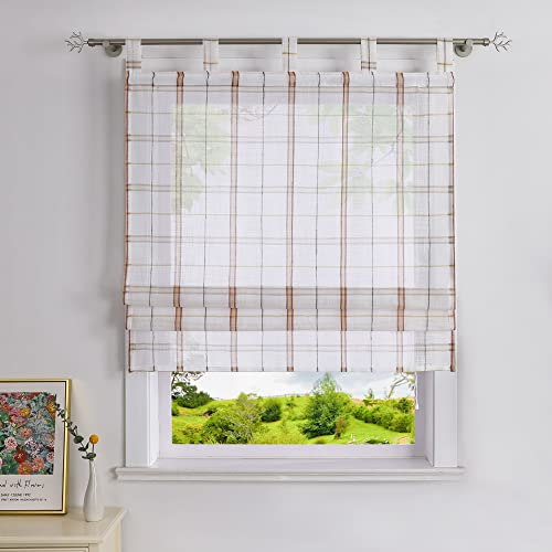 Heichkell Raffrollo Leinen-Optik Raffgardine mit Schlaufen Kariert Gardinen im Landhausstil Vorhang mit Karo-Design Rot BxH 100x140cm