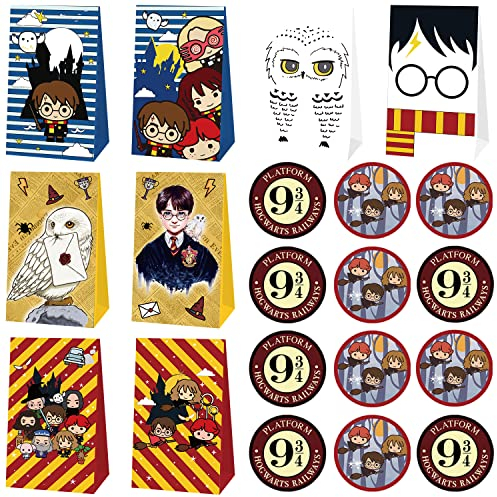 Geschenktüten Set, 24PCS Papiertüten Kinder mit 24 Aufkleber, Magischer Zauberer Party-Geschenktüten, Geschenktüte Geburtstag, Wizard Party Favor Taschen für Hochzeit
