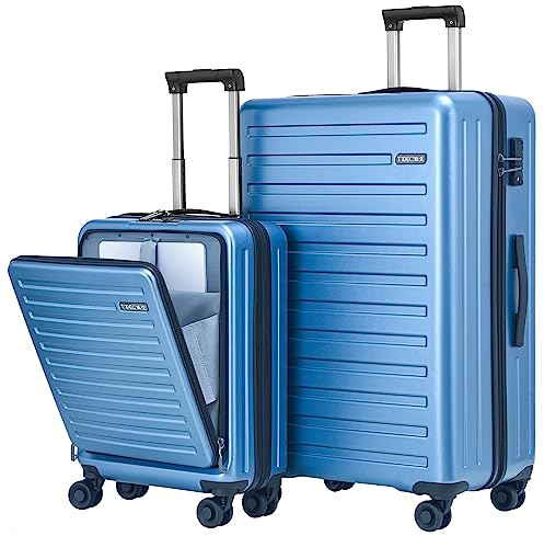 TydeCkare 20/28 Gepäckset, 20 Handgepäck mit Laptoptasche mit Frontöffnung 55x39x20 cm, 28 Hartschalenkoffer 101L, ABS+PC, mit TSA Schloss, Blau