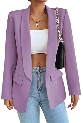 Damen Blazer Langer Casual Open Front Blazer Arbeit Büro Jacken mit Taschen Violett M