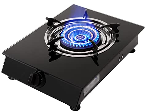Table de cuisson à gaz Poêles à gaz, plaque de cuisson à gaz portable brûleur GPL unique, cuisinière à gaz de camping en verre trempé noir, support de casserole en fonte [Classe énergétique A] (C