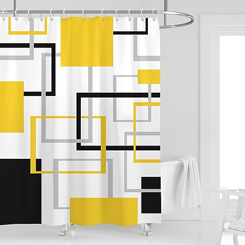 Kikiry Duschvorhang in Gelb und Schwarz, 152,4 cm B x 183,9 cm L, weiß-grau, geometrisches Kreuz, kariert, geometrisches modernes Design, Polyester, wasserdicht, 12 Stück Kunststoffhaken