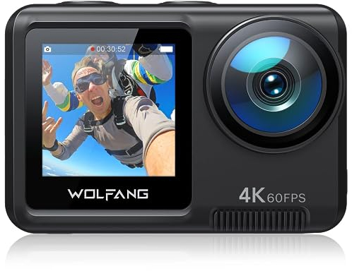 WOLFANG GA420 Dual Screen Action Camera 4K 60FPS 24MP Touchscreen Underwater Camera, 10M Body Waterproof/40M Waterproof Helmet Bike Camera with EIS, Remote Control, 2x1350mAh Batteries, Accessory Kit