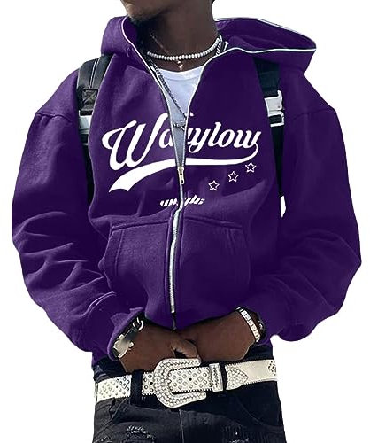 ORANDESIGNE Felpa con Cappuccio da Uomo con Stampa Manica Lunga Hip Hop Zip Pullover Hoodies per Coppie Giacche Casual Felpa Gotico Harajuku Y2k Streetwear B Viola M