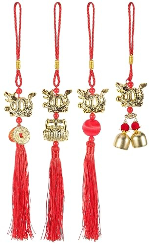 Yardwe Chinesischer Drache Neujahr Glücksanhänger 4 Stück Fengshui 2024 Neujahr Baumschmuck Mit Glocke Tierkreiszeichen Drache Glücksquaste Auto-Hängedekoration