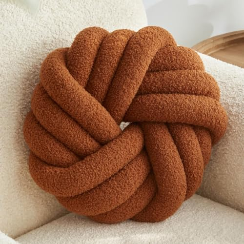 Vdoioe Knot Pillow,Brown Decorative Pillows 13.7 | Round Throw Pillow,Boucle,PP Cotton Fill,Knotted Design,Simple Modern,Nordic Style,for Couch Sofa Bedroom