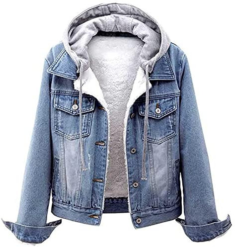 L9WEI Vestes en jean délavé rembourrées pour femmes, décontractée, avec manches longues, capuche, bleu, XL