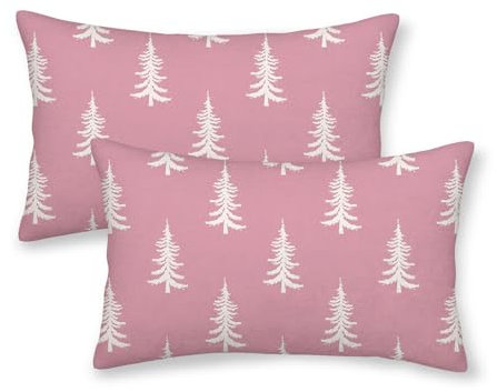 CXMEIFLY Set di 2 federe per cuscini natalizi, 30,5 x 50,8 cm, decorazione per albero di Natale, colore rosa e bianco, per inverno, vacanze, esterni, per divano e letto
