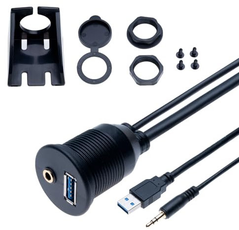 Cavo di Montaggio a Filo USB 3.0 3.5mm AUX Estensione da 1M Codice Impermeabile per Pannello Cruscotto Femmina per Auto, Bici, Moto, Barca, Rimorchio per Camion (1 Metro)