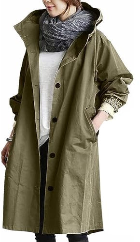 DayaEmmoTQ Veste coupe-vent à double boutonnage pour femme avec cordon de serrage à capuche et manches longues coupe-vent revers léger manteau décontracté, vert, M