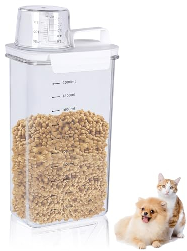 Kinwodon Transparent Pet Food Storage Container with Measuring Cup and Pour Spout Leakproof Plastic Cat & Dog Food Container for Dry Food 2.3L
