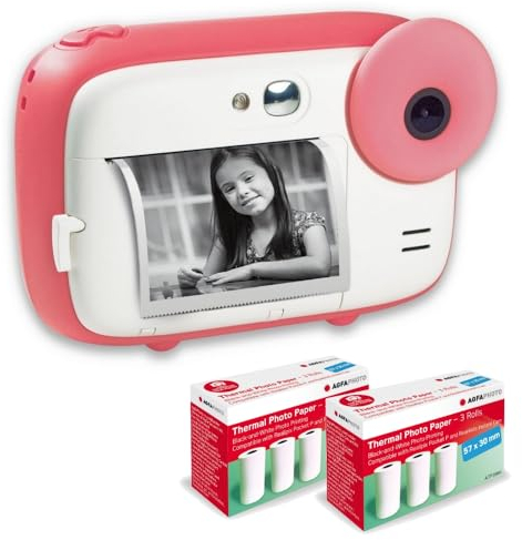 AGFA Photo Realikids Instant Cam + 6 Rollen Thermopapier, ATP3WH – Sofortbildkamera für Kinder, LCD-Display 2,4 Zoll, Lithium-Akku, Selfie-Spiegel und Fotofilter – Rosa