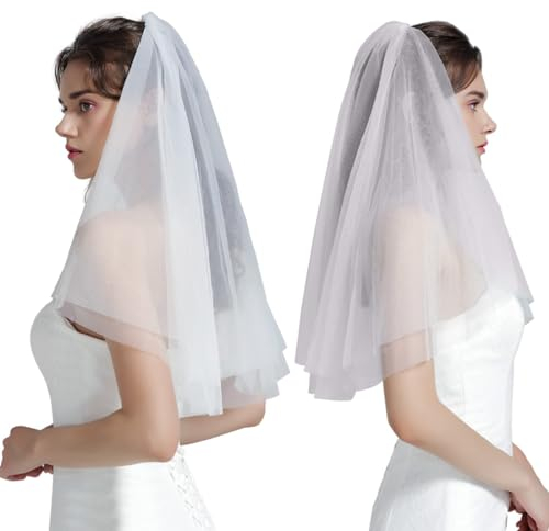 KXUSW Schleier Braut, Bride, Braut-Brautschleier, 2-stöckig, weißer Braut-Tüll, Ellbogenlänge, Fingerspitzen-Schleier mit Schnittkante, Braut-Haarschmuck mit Kamm (Weiß) 2 Stück