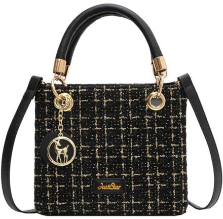 FGJKKK Geldbörsen und Handtasche für Frauen Mode PU Leder Top Griff Woolen Kette Satchel Umhängetasche Totes Tweed Crossbody Tasche, Schwarz-1