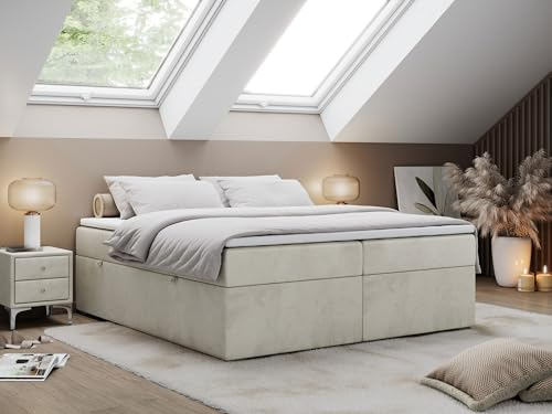 MKS MEBLE Boxspringbett 140x200 ohne Kopfteil mit Bettkasten, Bett 140x200 niedriges Kopfteil, Polsterbett 140x200 ohne Kopfteil - Bess - Beige Velvet - H4