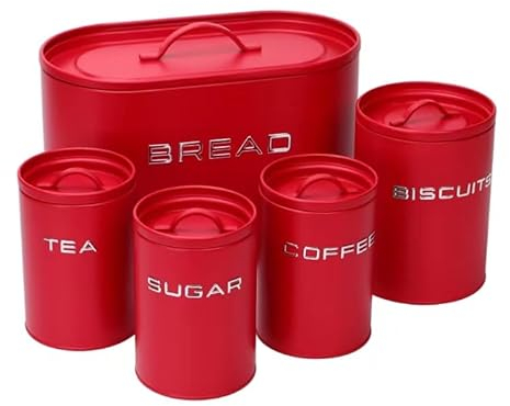 simpa 5PC Stylish Matte Red Metal Kitchen Storage Set Including Oval Bread Bin and Round Biscuit Tin, Tea, Coffee and Sugar Canisters.