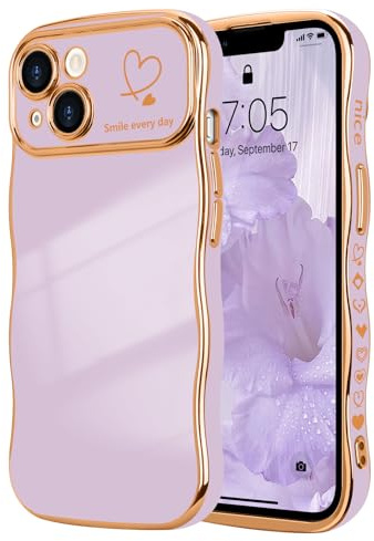 LCHULLE for iphone 13 Case Cute for Women Girls Wavy, Light Purple | Luxury Plating Curly Wave Shape Frame with Love Heart Pattern, Raised Camera Protection Back Cover Shockproof Phone Case