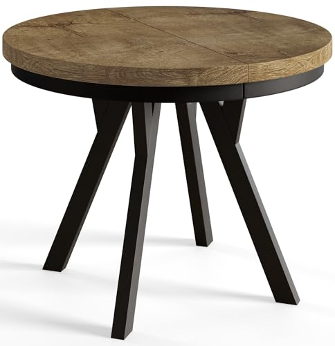 AlpiMeble Runder Esszimmertisch EVO, ausziehbarer Tisch Durchmesser:100 cm bis 200 cm, Wohnzimmertisch Farbe: LEFAKS, mit Holzbeinen in Farbe Schwarz