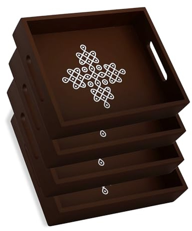 Indian Return Gift for Pooja and Housewarming - Coffee Table Tray with Handles, 10 x 8 x 2 (Brown)