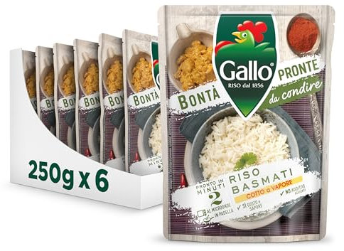 Riso Gallo Bontà Pronte Riso Basmati 6 x 250gr, Cotto a Vapore da Condire, Pronto in 2 Minuti al Microonde, in Padella, No Additivi aggiunti, Ottimo per Contorni e Insalate