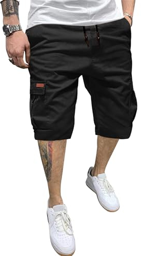 TARAINYA Cargo Kurze Hosen Herren Baumwolle Bermuda Sommer Chino Shorts Hose Herren Tunnelzug Elastische Taille mit 6 Taschen Schwarz XL
