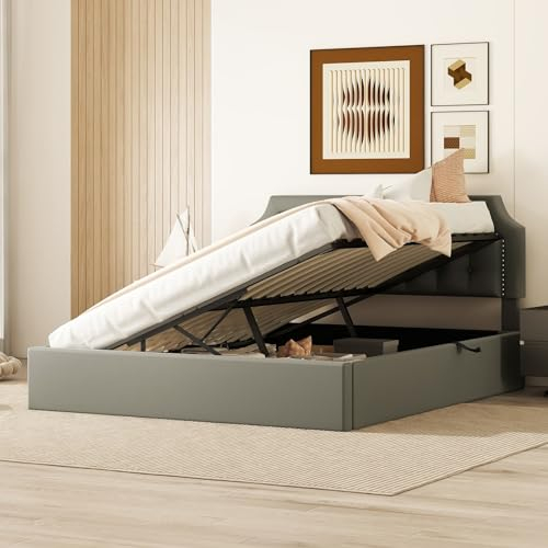 Skcess 160X200Cm Flachbett, Polsterbett, Hydraulisches Zwei-Wege-Bett, Minimalistisches Design, Stilvolle Polsterung, Grau