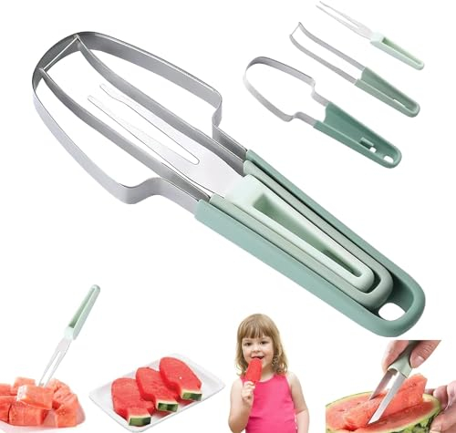 3 in 1 Wassermelonen Schneider Edelstahl, Aluusy Neu Wassermelonen Gabelschneider Sommer Wassermelonen Gabel-Schneidwerkzeug, Wassermelonen Obstschneider für Camping Küchengeräte (Grün)