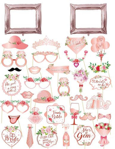 35 pcs Hen Party Photo Booth Props,Paper Team Bride Selfie Props,Rose Gold Photo Frame Photo Accessories for Engagement Bridal Wedding Shower Bachelorette Hen Do Party Games
