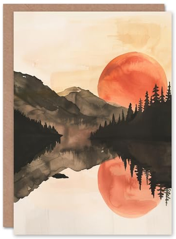 Artery8 Greeting Card Red Sun Setting Behind Lakeside Forest Mountains Blank For Him Or Her Art Birthday Card