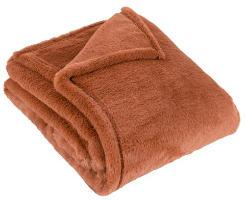 furn. Kallu Throw (Rust-150x200cm) | Double Sided Faux Fur Wide Oxford Border Soft Cosy Contemporary Earthy Blanket