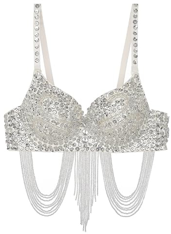 HWJFDC Strass BH Bauchtanz-Kostüm for Damen, glänzendes Korsett, Bauchfreies Top, Fransen, Strass, Pailletten, Club-BH, Spaghettiträger, Bügel, Push-Up-Bustier(Silver)