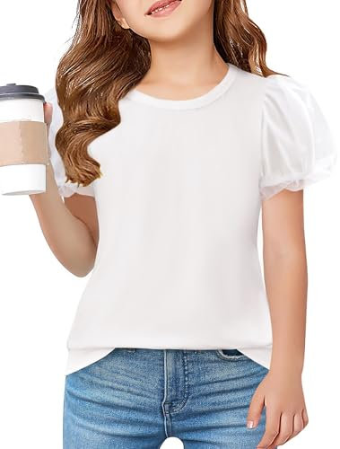 Arshiner T-Shirt Enfant Maille Lanterne Manches Chemise Blanche Mode Été Hauts Filles Col Rond Chemisier Uni Haut Décontracté Vêtements Filles 13-14 Ans