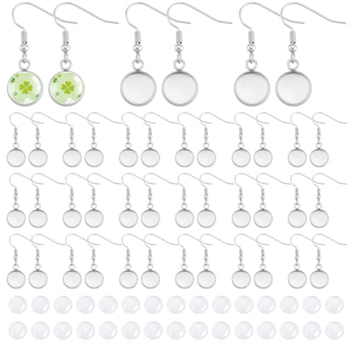 UNICRAFTALE 40Sets Blanko Ohrring Lünettentablett Für Baumelnde Ohrringe 10mm Edelstahl Flach Rund Ohrhänger Bastelsets Cabochon Einstellungen Ohrhaken Zur Schmuckherstellung