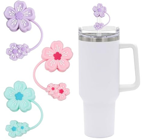 LunarCharm 3 Pieces Flower Mould Silicone Straw Covers for Stanley Cup, Reusable Straw Cover Compatible with 10mm 30&40 Oz Stanley Tumbler, Dustproof