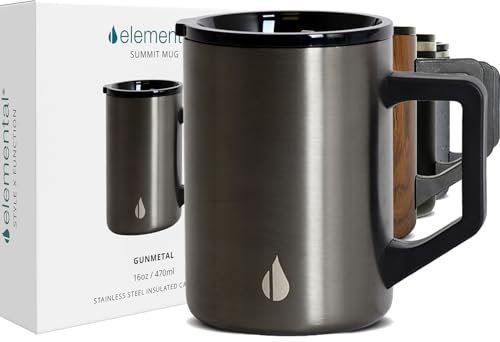 Elemental Insulated Coffee Mug - Triple-Wall Stainless Steel Summit Travel Cup for Hot and Cold Drinks - Thermal Coffee Mug with Lid and Handle for Camping, Office & Travel 470ml - Gunmetal