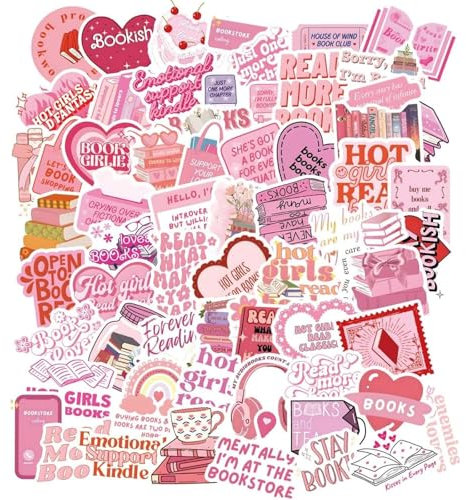 NICECONE 60 Pcs Pink Bookish Stickers, Vinyl Waterproof Booktok Aesthetic Pink Reading Stickers for Teen Girl Kids Adult Journaling Scrabook Water Bottles Laptop Skateboard Guitar Travel Case