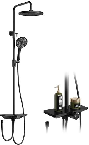 Regendusche Ohne Armatur Mit Ablage, Duschsystem Mit Duschkopf Edelstahl Verstellbare DuschsäUle Duschstange ÜBerkopfbrause Set Kopfbrause Rund 25cm Schwarz